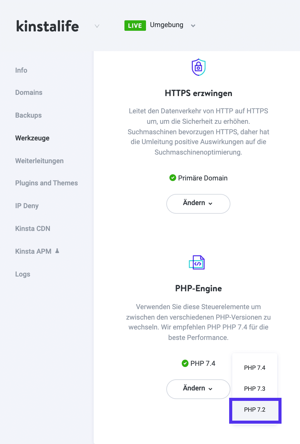 Auswählen einer PHP-Version im MyKinsta-Dashboard