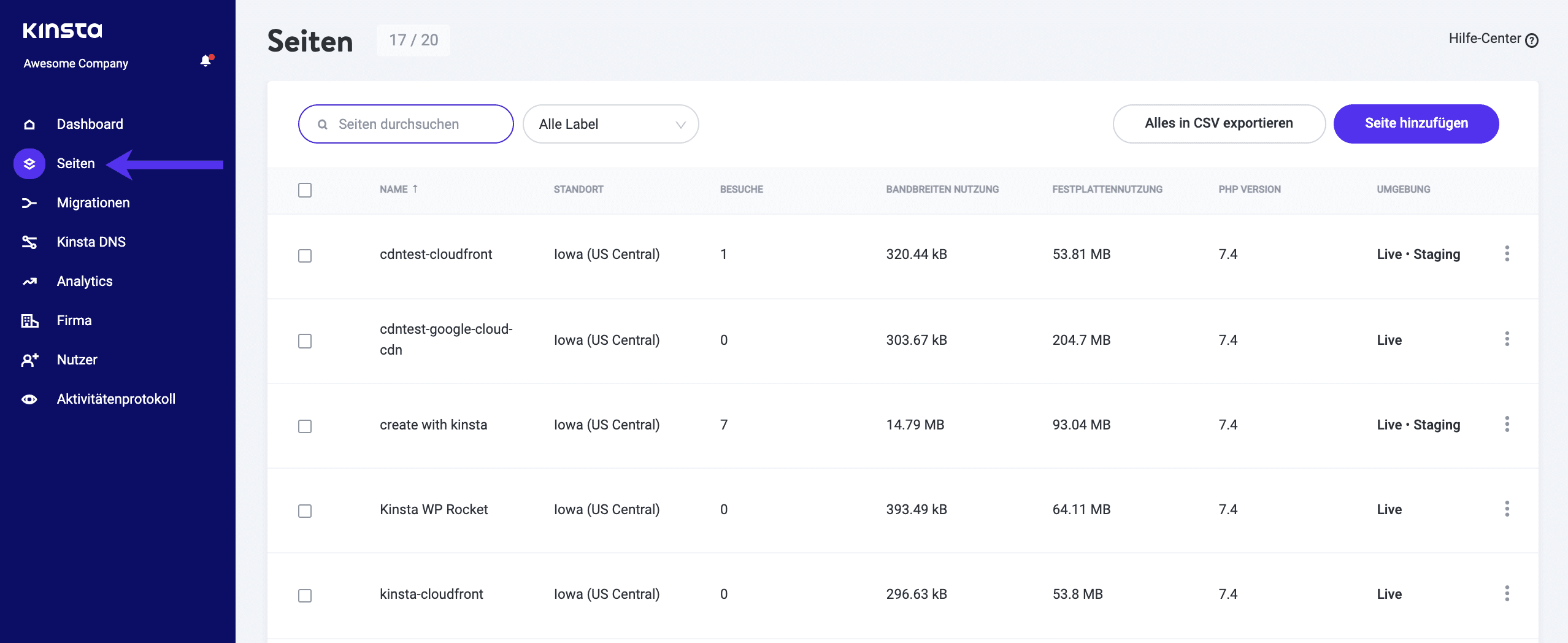 Das MyKinsta-Dashboard