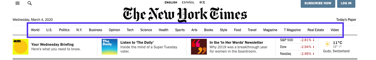 Beispiel einer hierarchischen Navigation aus der NYT