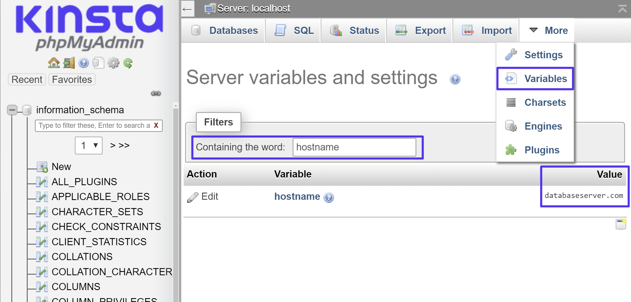 Wie sucht man die Hostnamen-Variable in phpMyAdmin