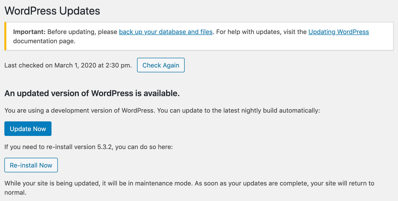 WordPress Update Bildschirm