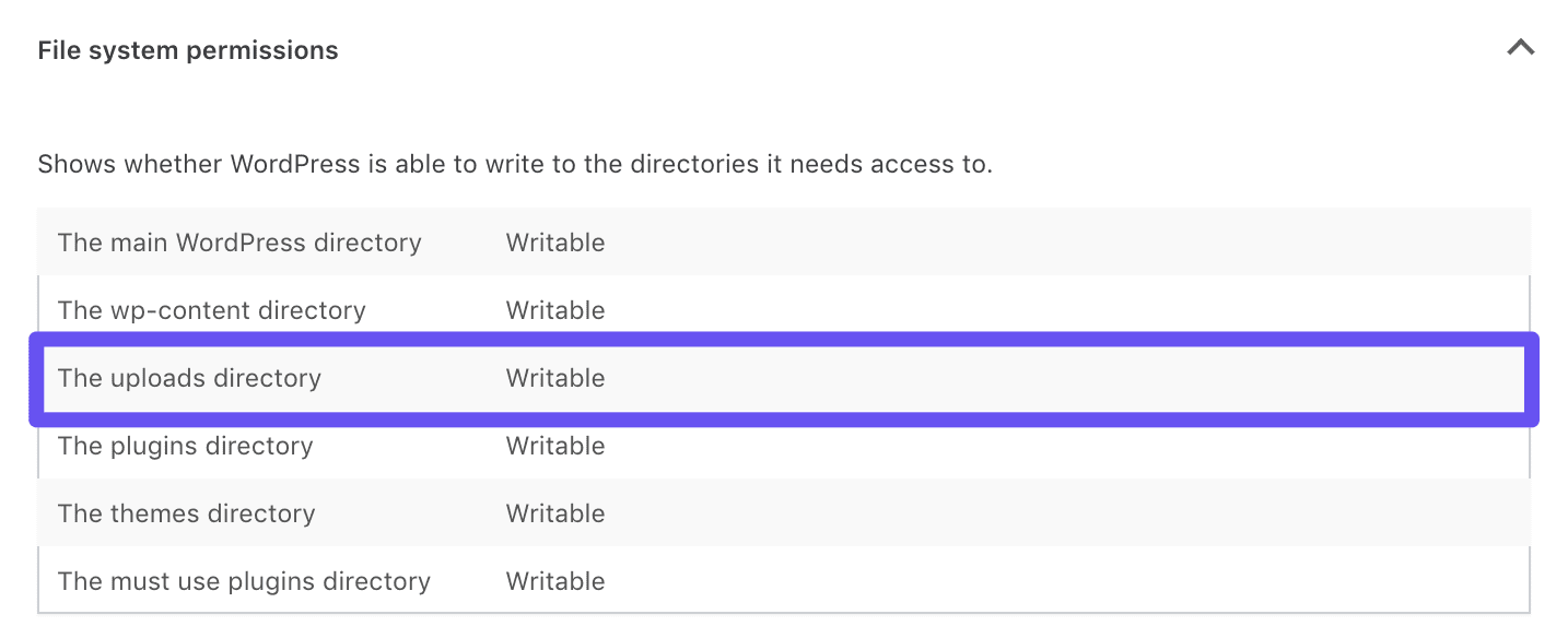 Berechtigungen für schreibbare Dateien im Site Health Tool