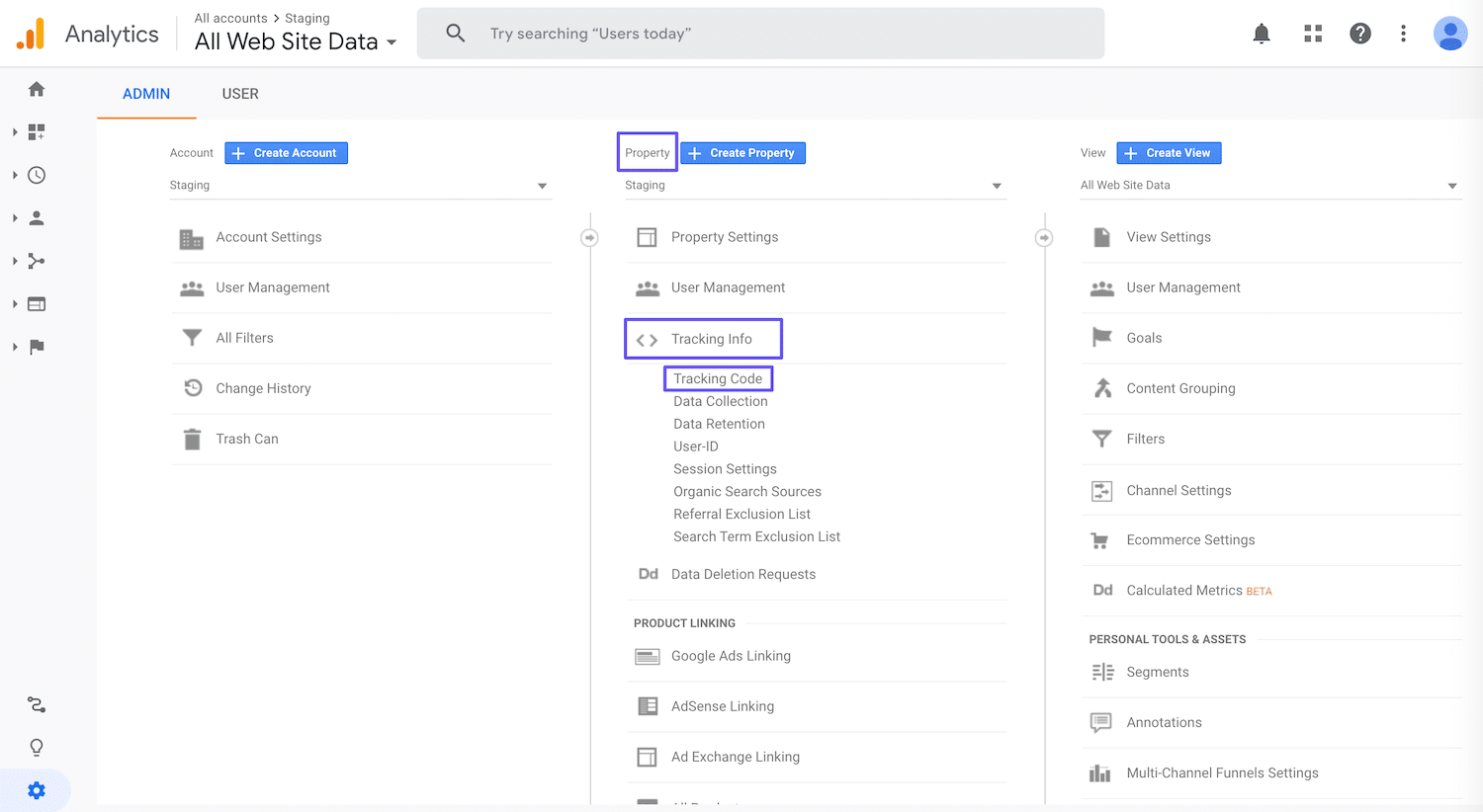 Zugriff auf den Google Analytics Tracking-Code unter den Eigentumsinformationen