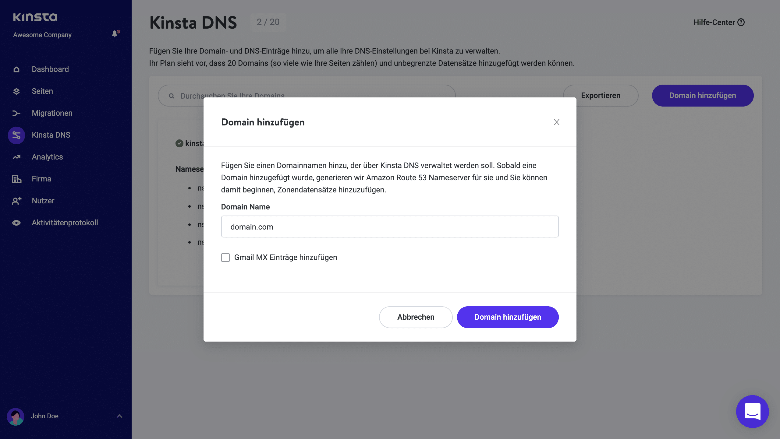 Eine Domain zu Kinsta DNS hinzufügen