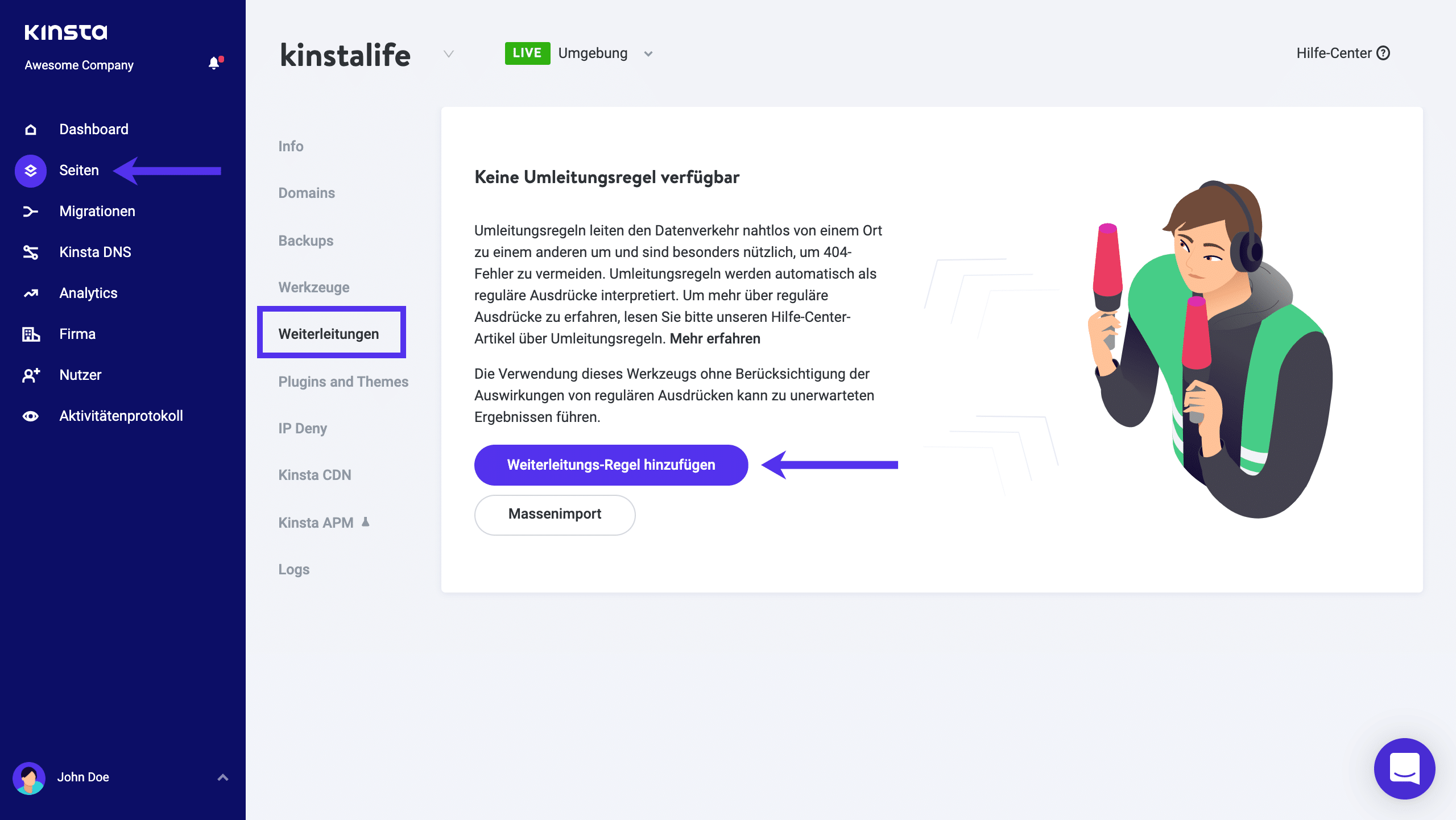 Hinzufügen einer Weiterleitungsregel in MyKinsta