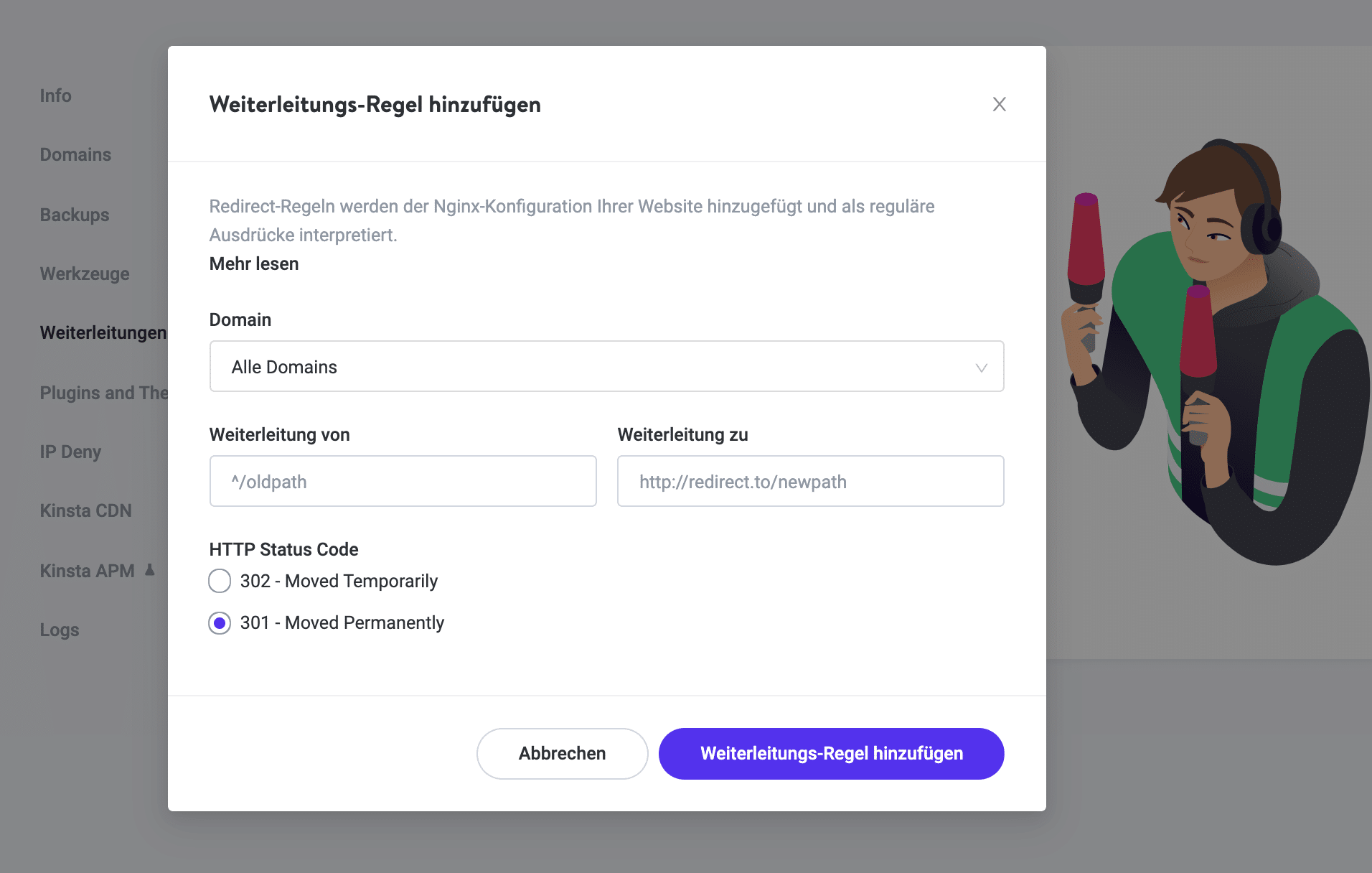 Der Bildschirm " Weiterleitungsregel hinzufügen" in MyKinsta.