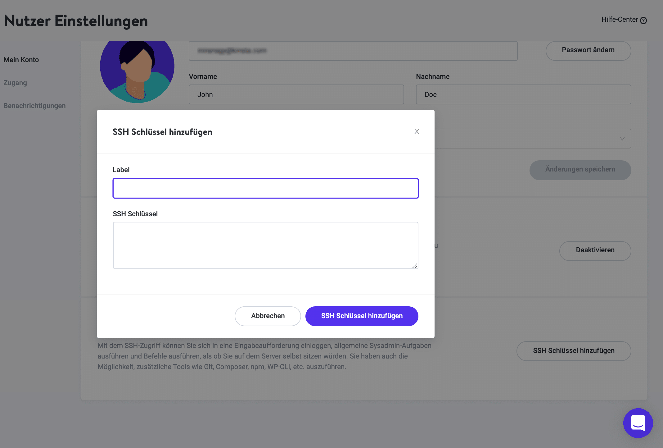 SSH-Schlüssel in MyKinsta hinzufügen