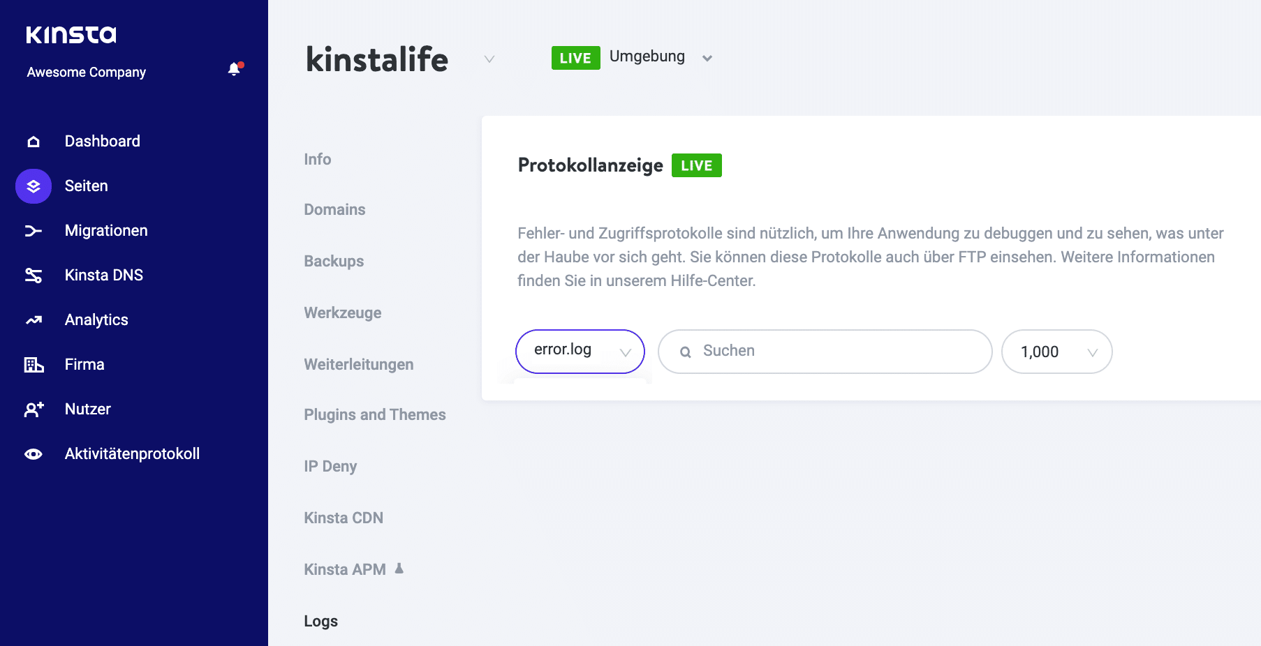 Zugriff auf Fehlerprotokolle in MyKinsta