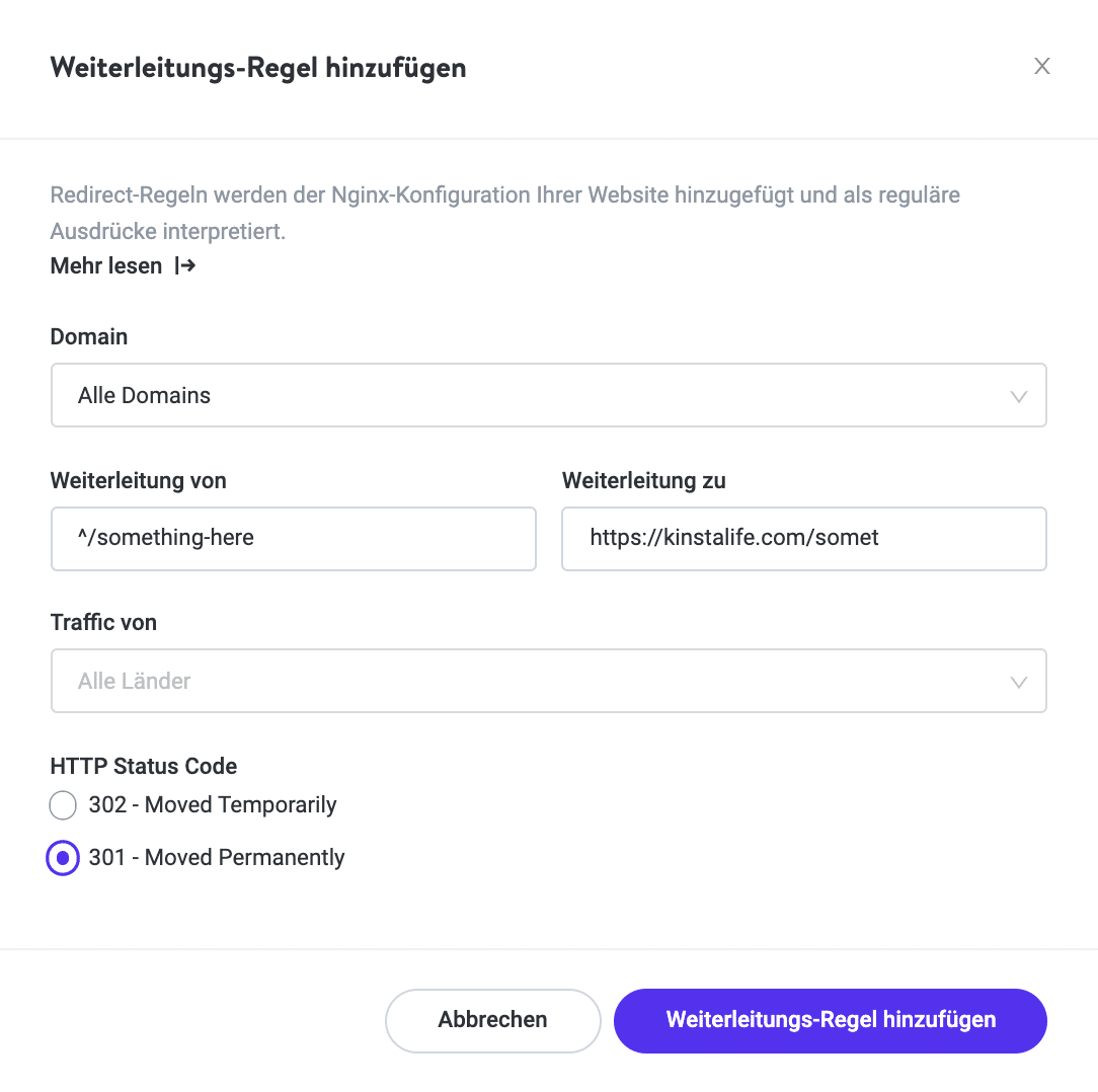 Das neue Umleitungs-Tool im MyKinsta-Dashboard.