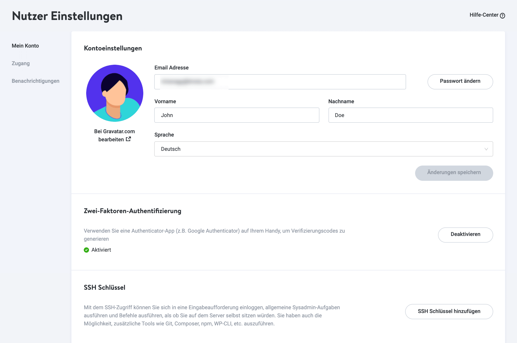 Die Seite "Mein Konto" in MyKinsta.