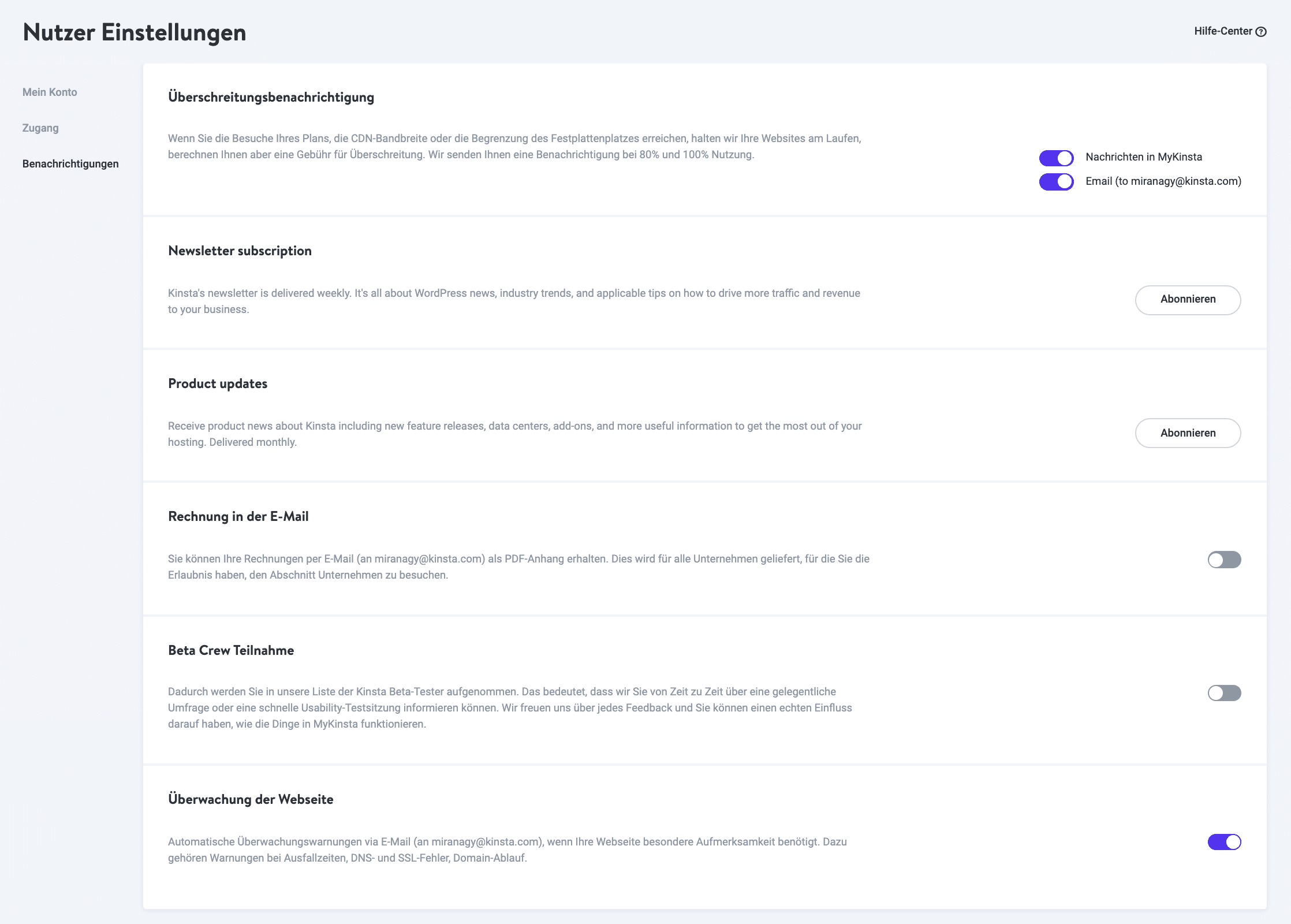 Die Seite "Benachrichtigungen" in MyKinsta