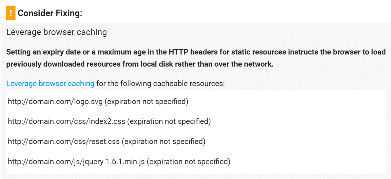 Ressourcen, die in der Warnung Leverage Browser Caching aufgeführt sind