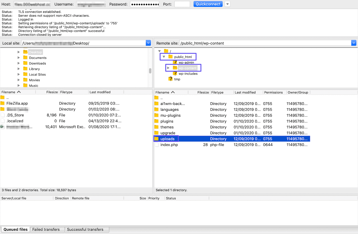 Zugriff auf das Upload-Verzeichnis über FileZilla