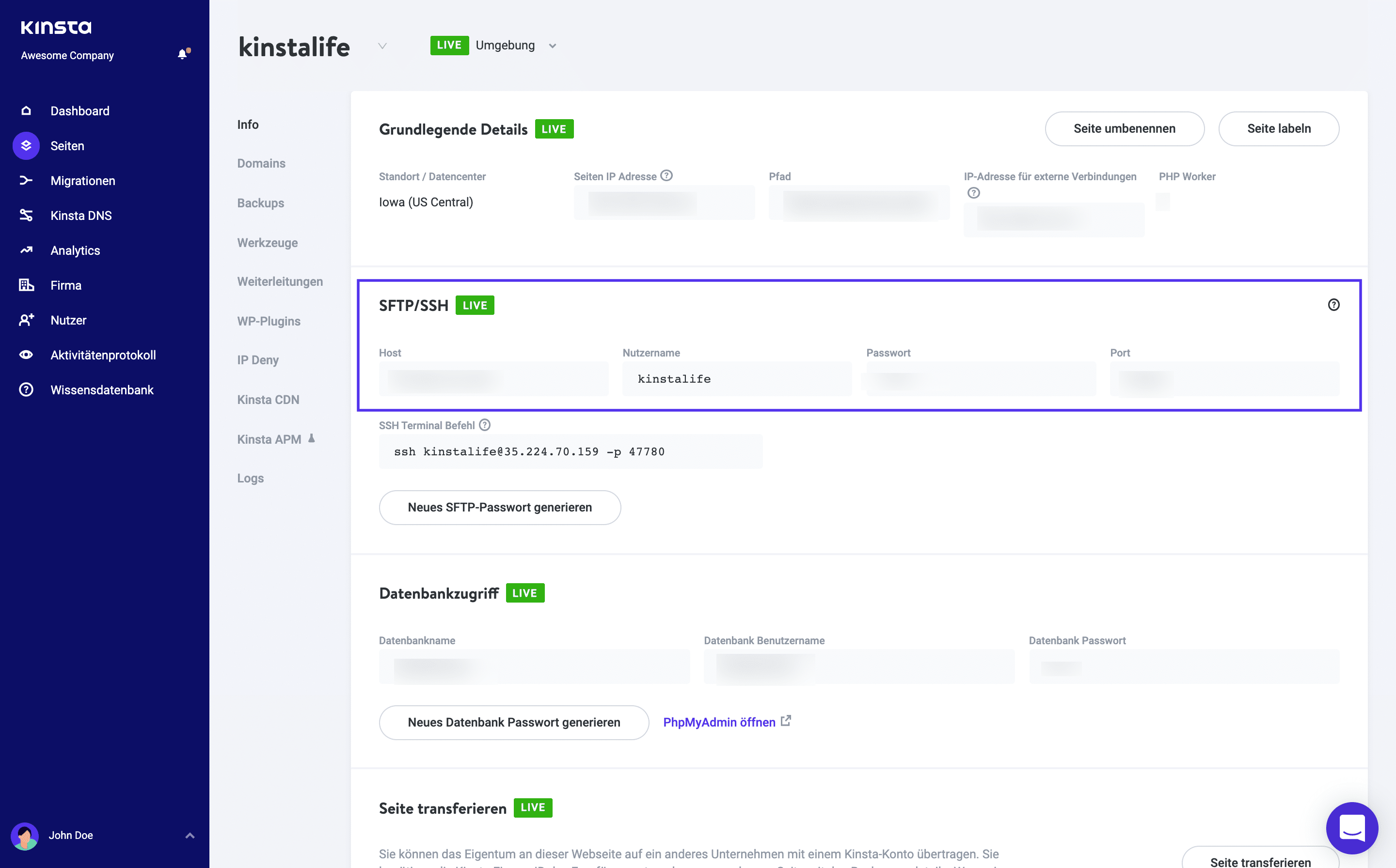 FTP Zugangsdaten in MyKinsta