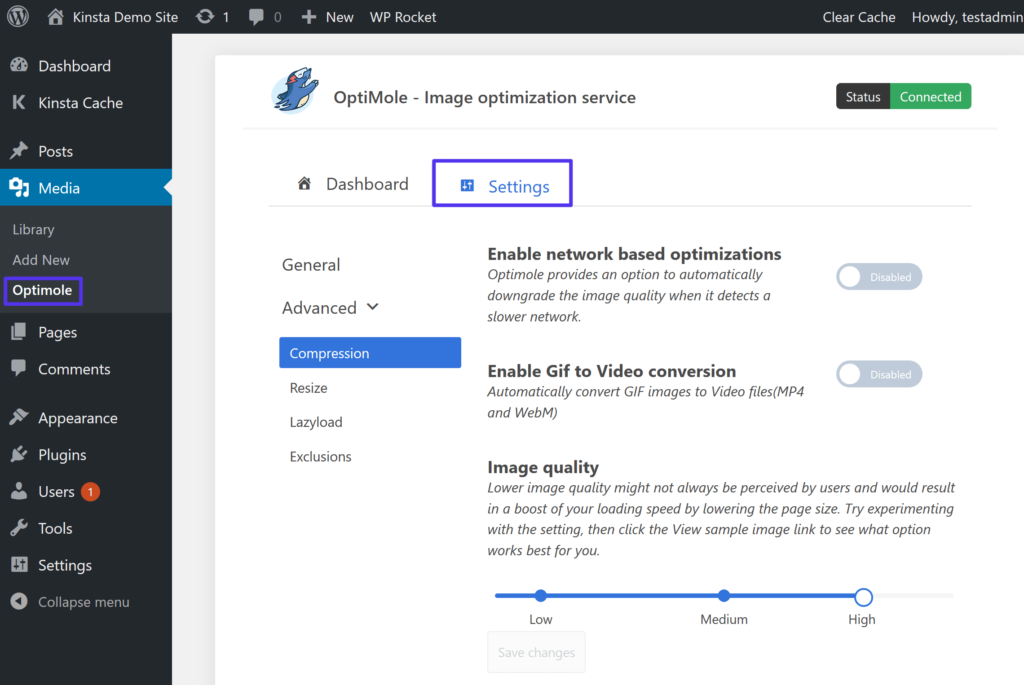 Der Optimole-Einstellungsbereich - WordPress WebP-Bilder sind standardmäßig aktiviert