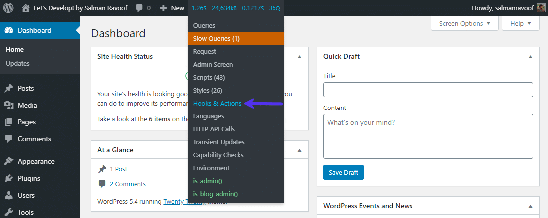 Du kannst den Query Monitor von der Admin Bar aus aufrufen