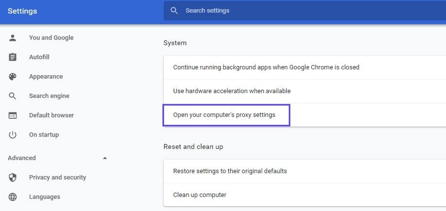 Die Seite mit den Systemeinstellungen in Google Chrome