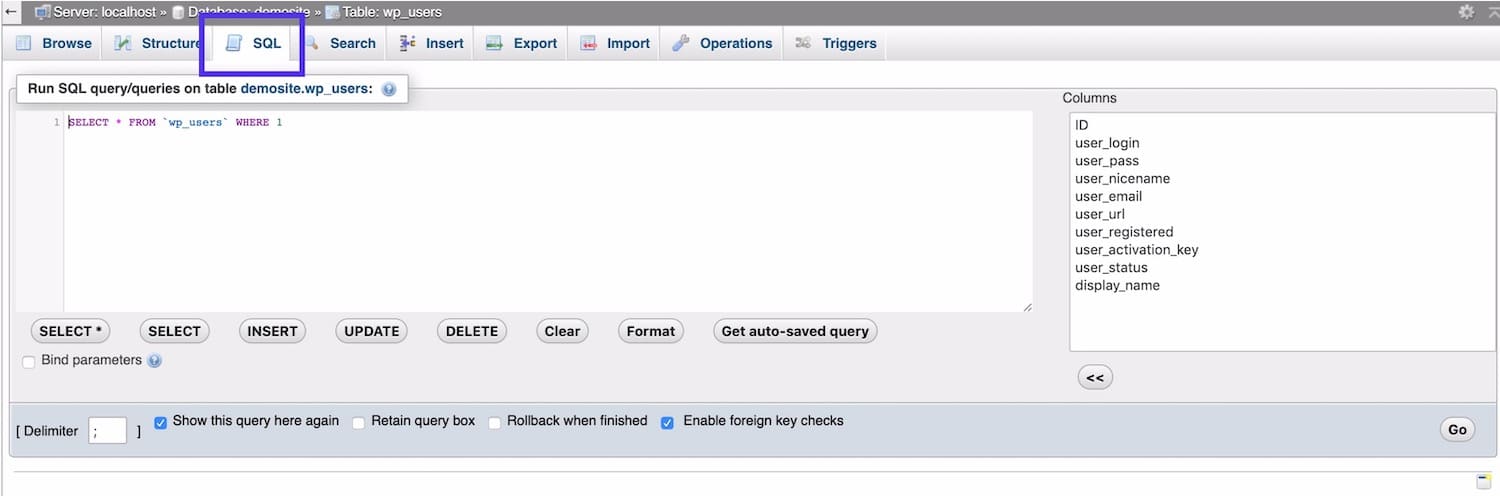 SQL-Registerkarte in phpMyAdmin