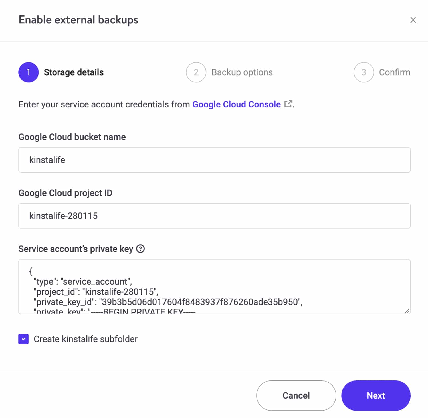 Füge deine GCP-Zugangsdaten in MyKinsta hinzu.