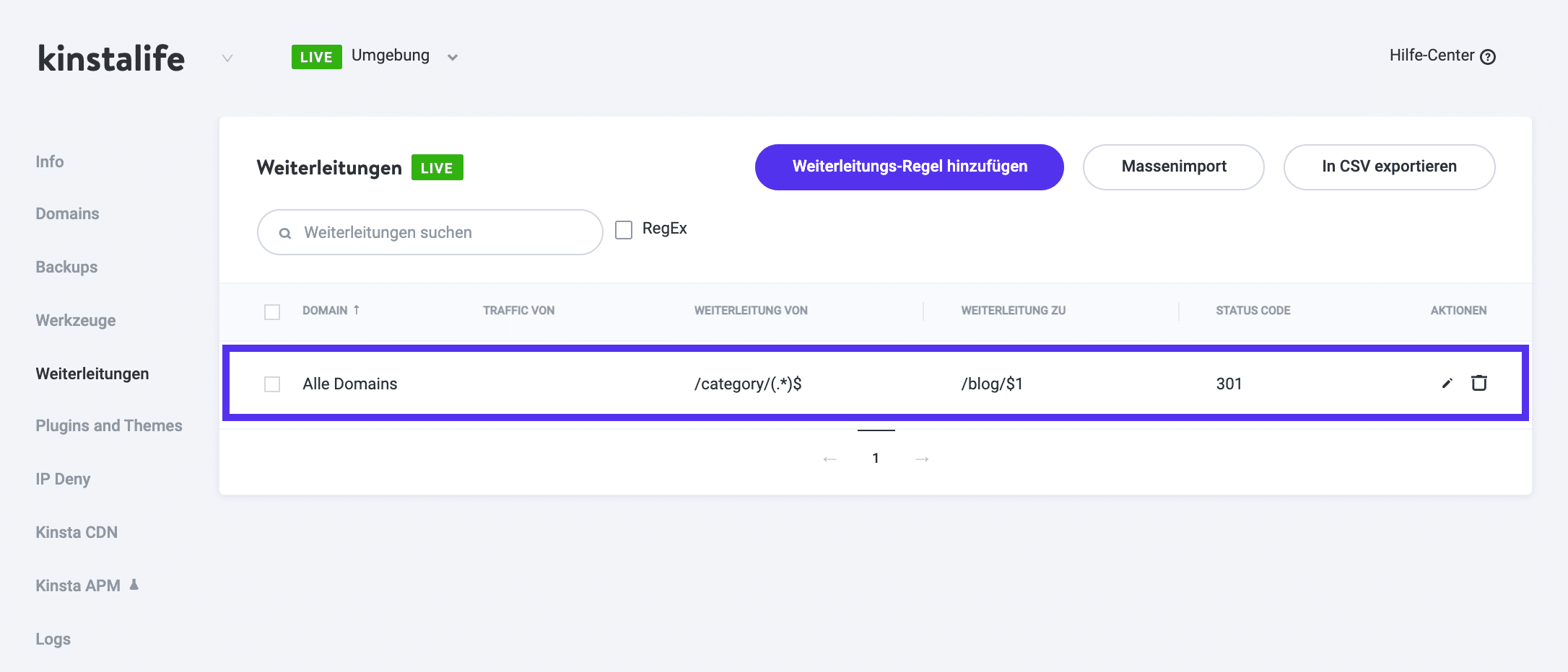 Hinzufügen einer Wildcard-Umleitung in MyKinsta