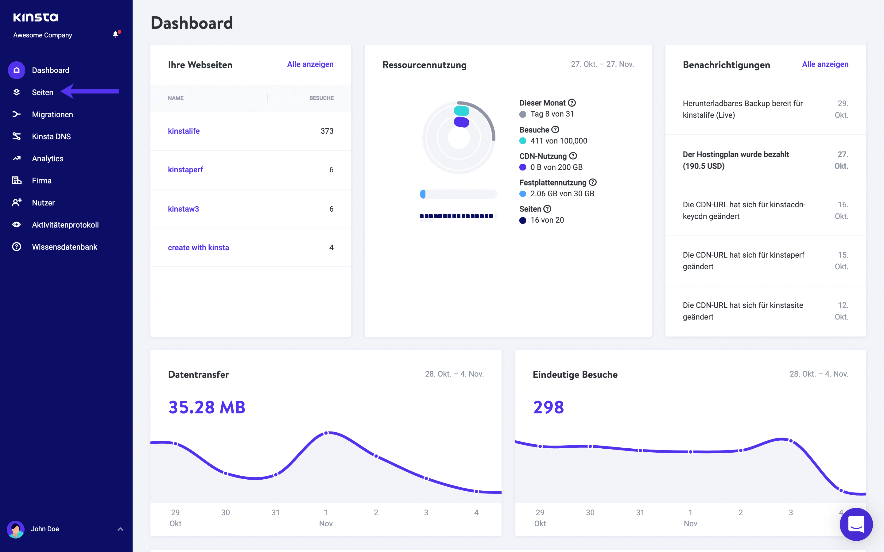 Webseite Tab im MyKinsta Dashboard.