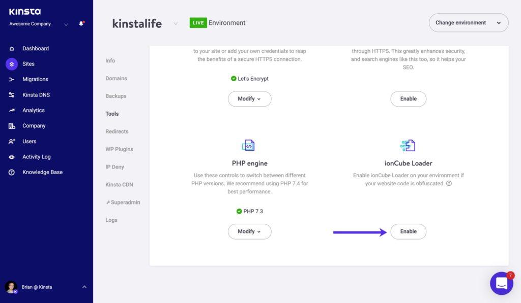 Aktiviere den ionCube Loader in MyKinsta.