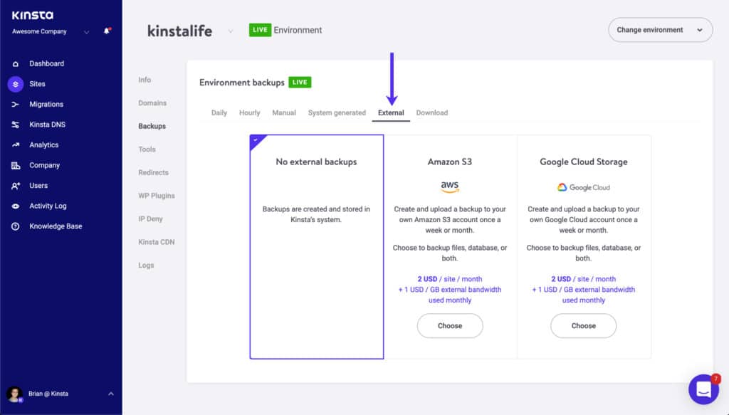 Aktiviere externe Backups in MyKinsta.