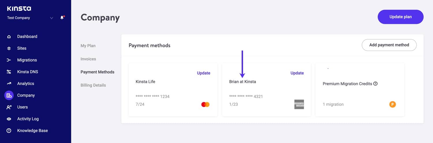 Eine neue Kreditkarte in MyKinsta.