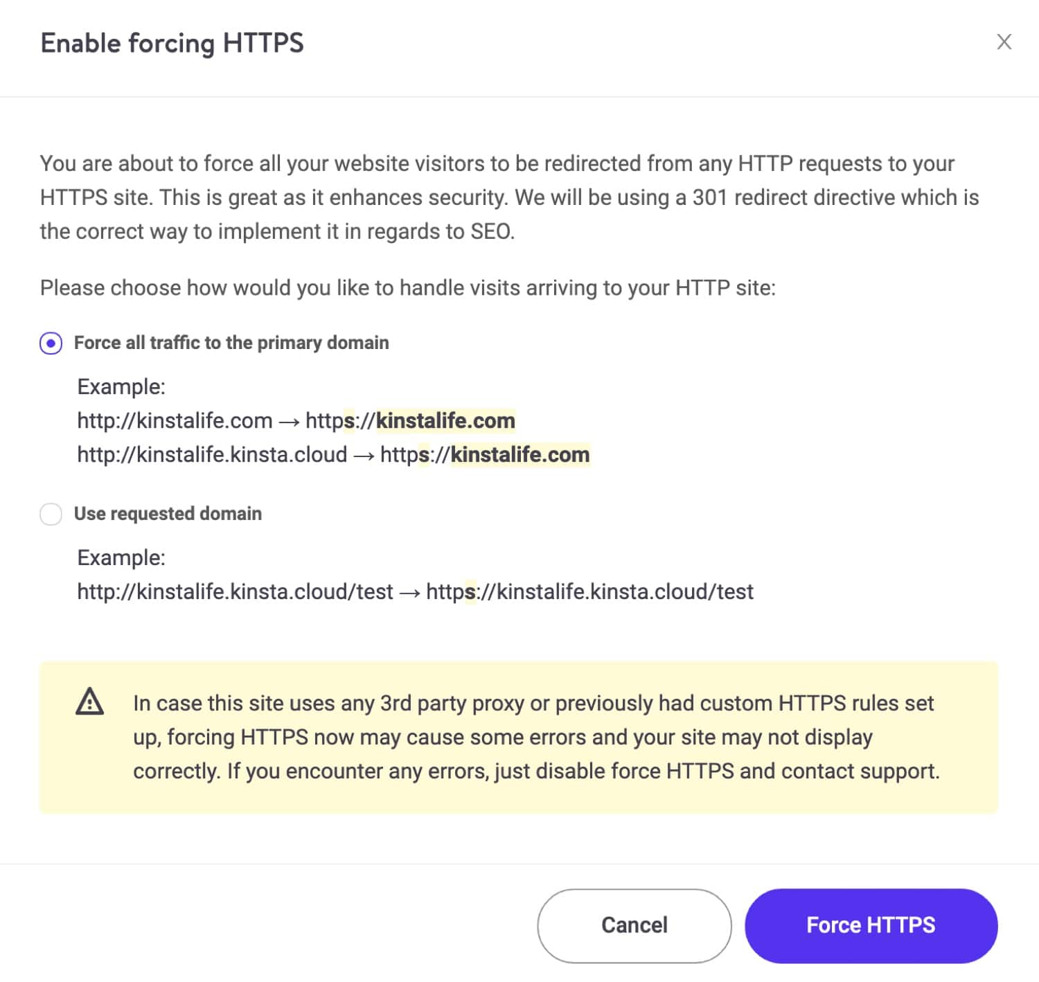Erzwinge HTTPS Optionen.