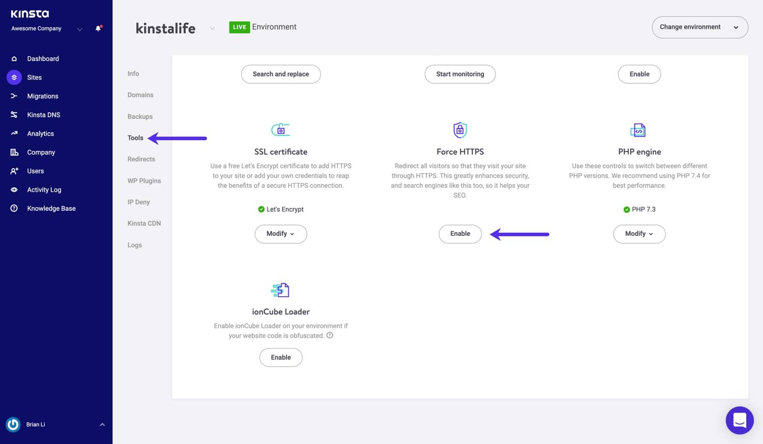 Erzwinge HTTPS-Werkzeug in MyKinsta.