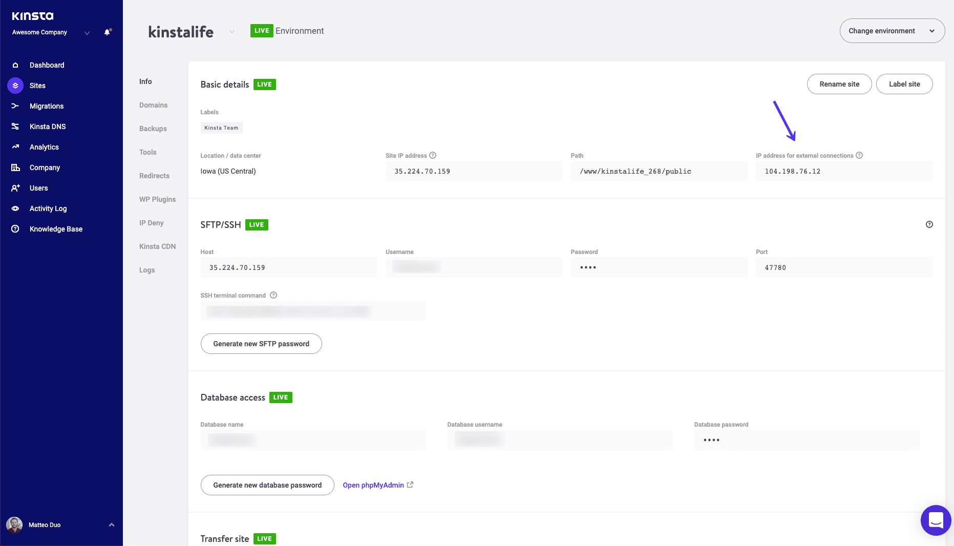 Externe IP-Adresse in MyKinsta