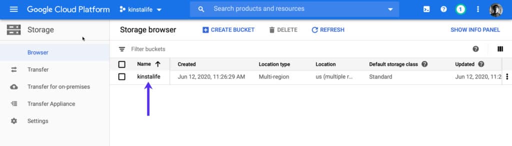 Finde deinen Bucket-Namen im Speicher-Browser von GCP.