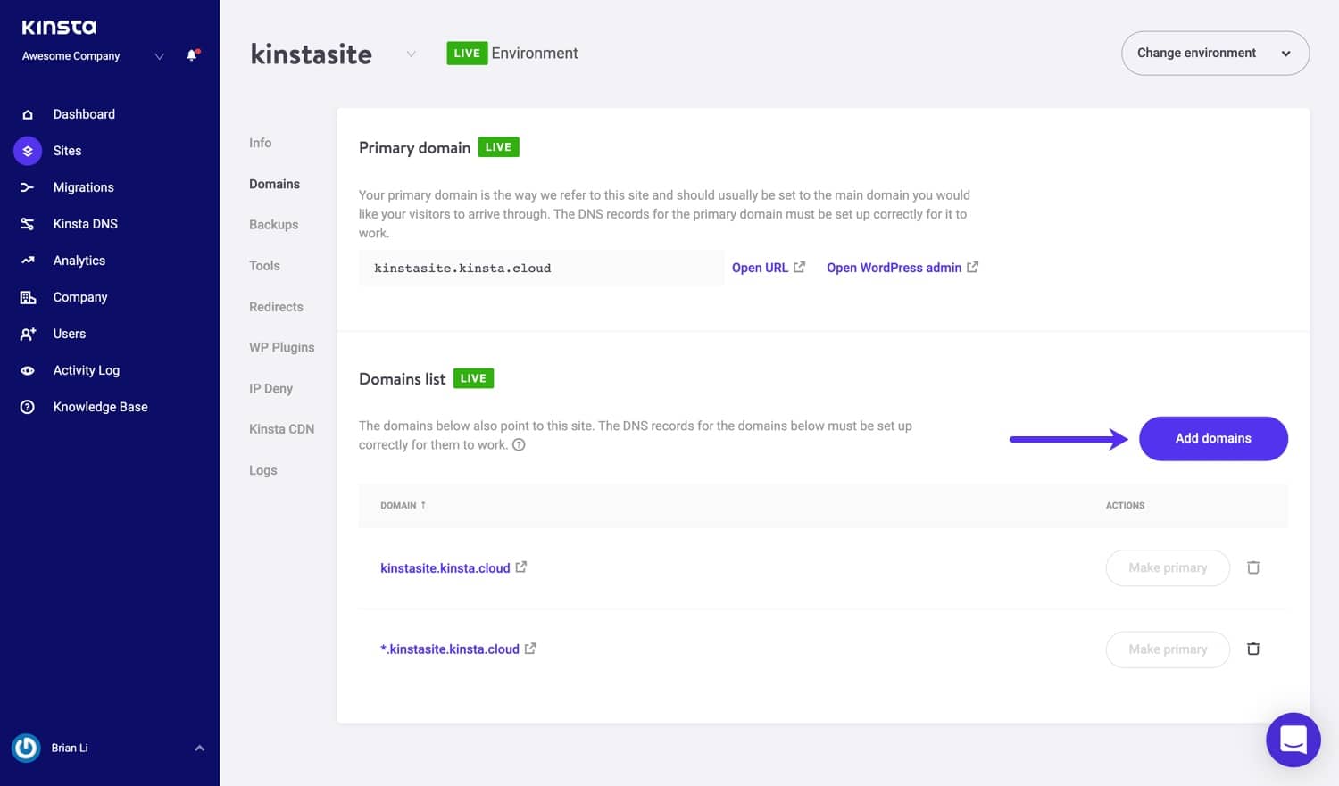 Füge eine Domain in MyKinsta hinzu.
