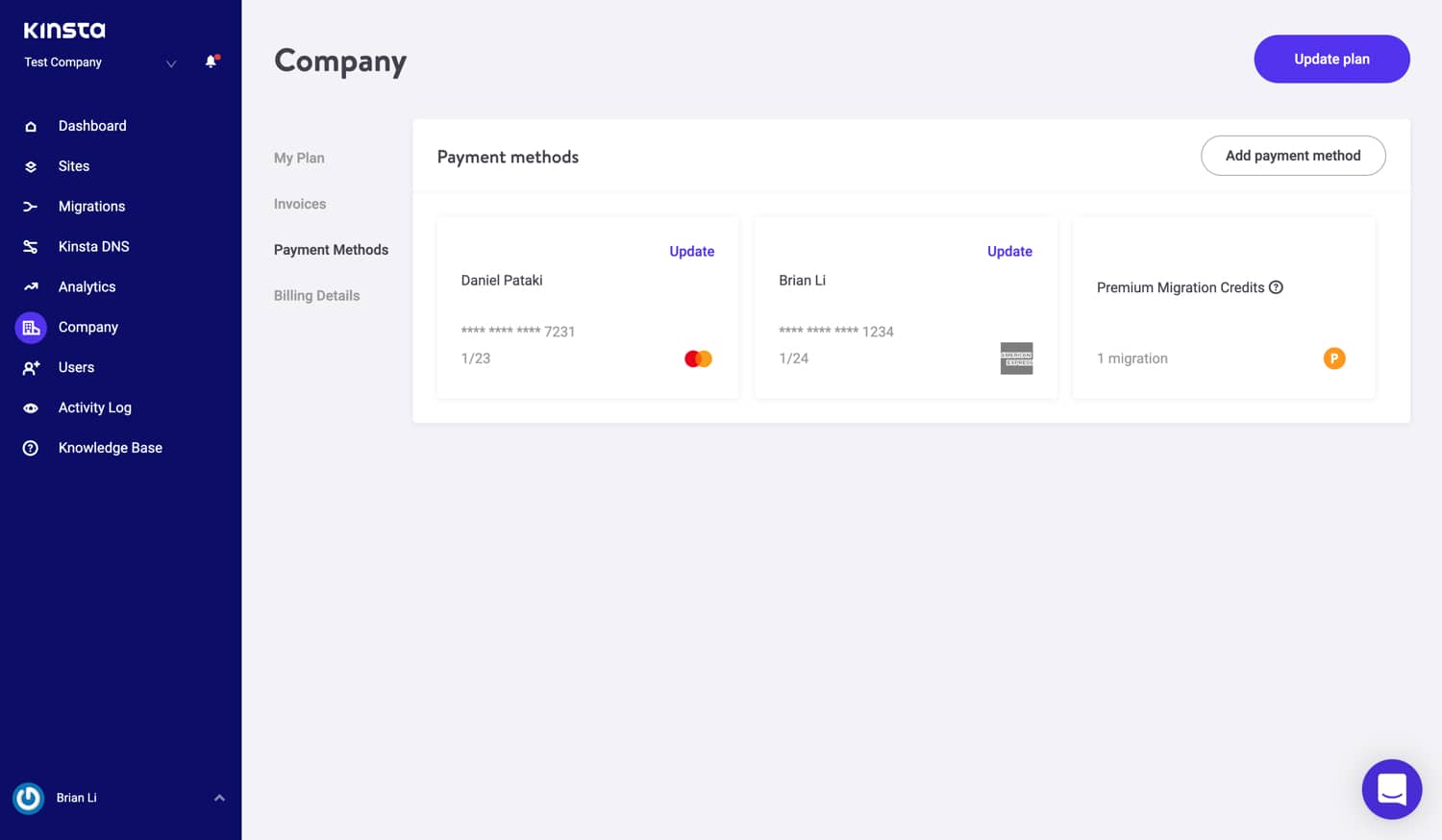 Füge mehrere Kreditkarten in MyKinsta hinzu.