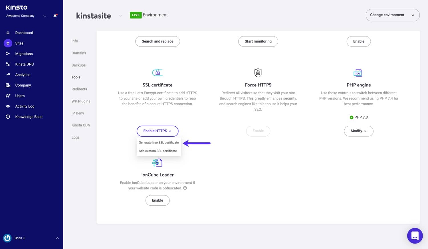 Füge ein SSL-Zertifikat in MyKinsta hinzu.