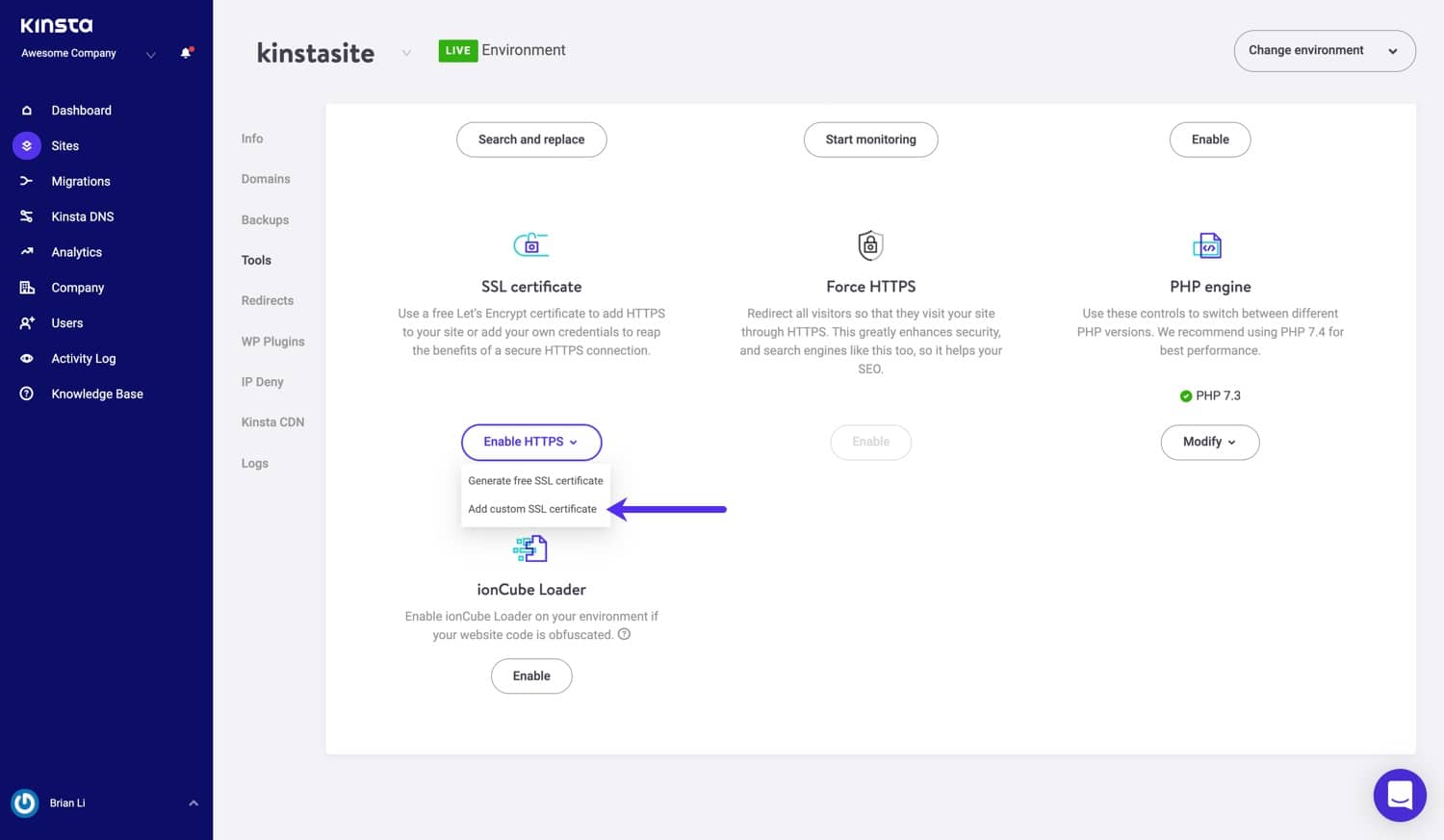 Installiere ein benutzerdefiniertes SSL Zertifikat.