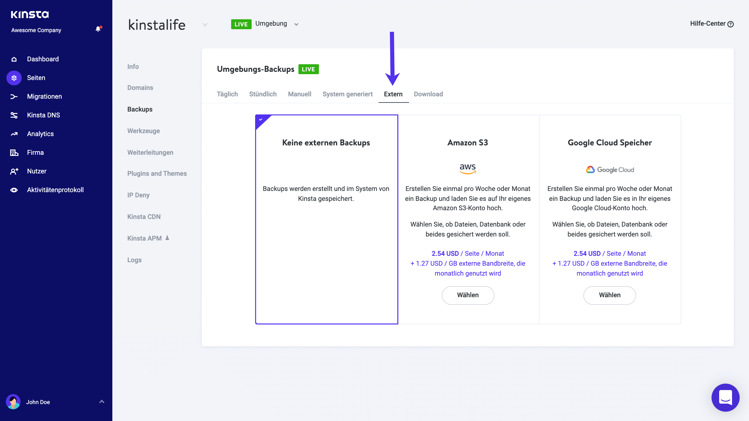 Aktiviere externe Backups in MyKinsta.