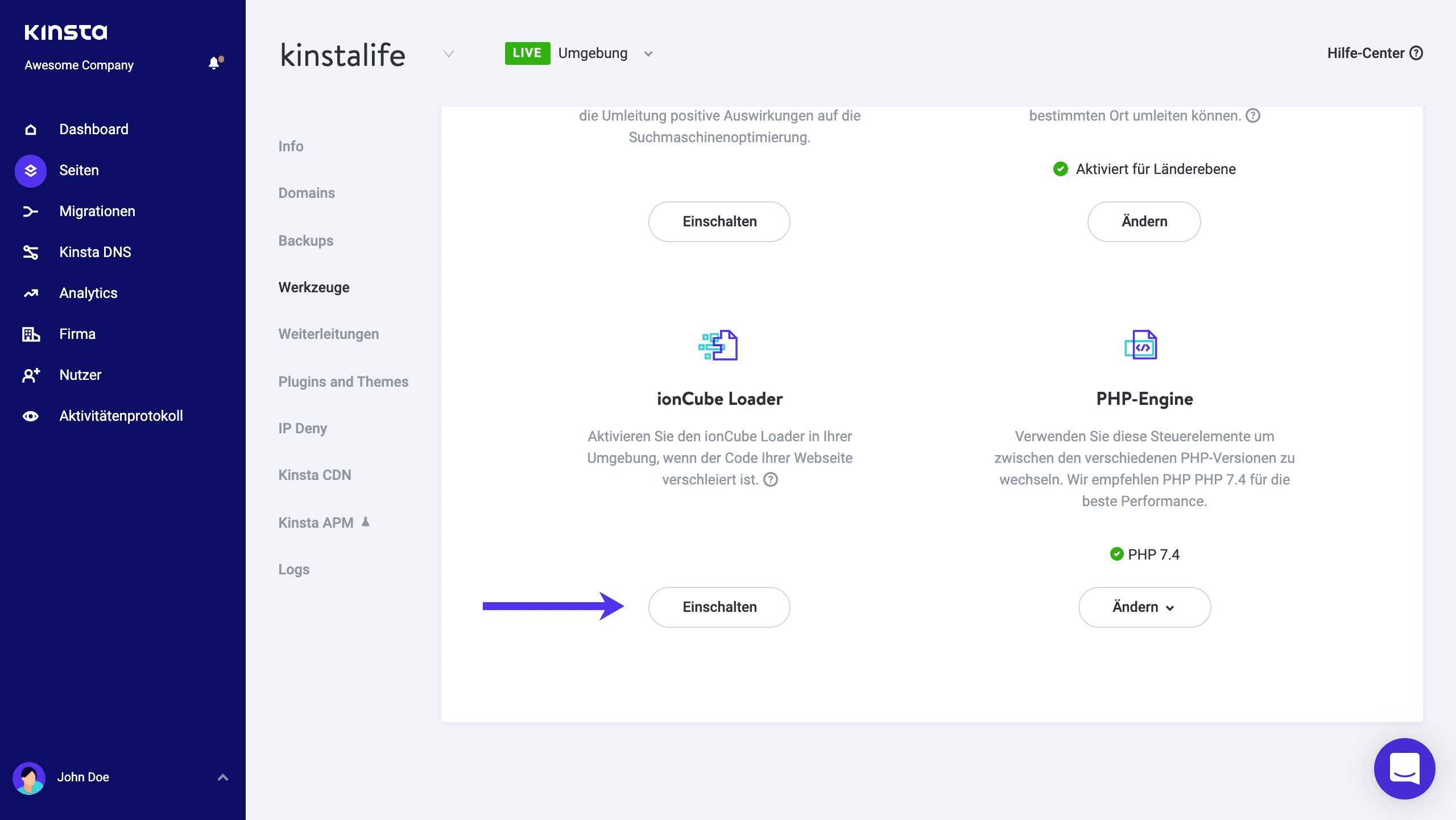 Aktiviere den ionCube Loader in MyKinsta.