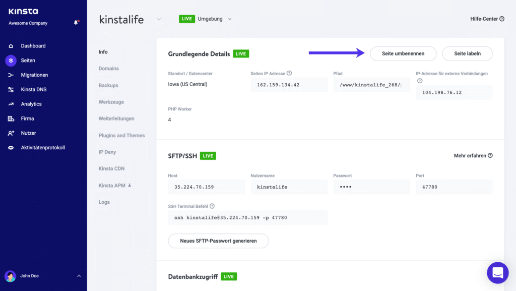 Benenne deine Kinsta WordPress Webseite um.