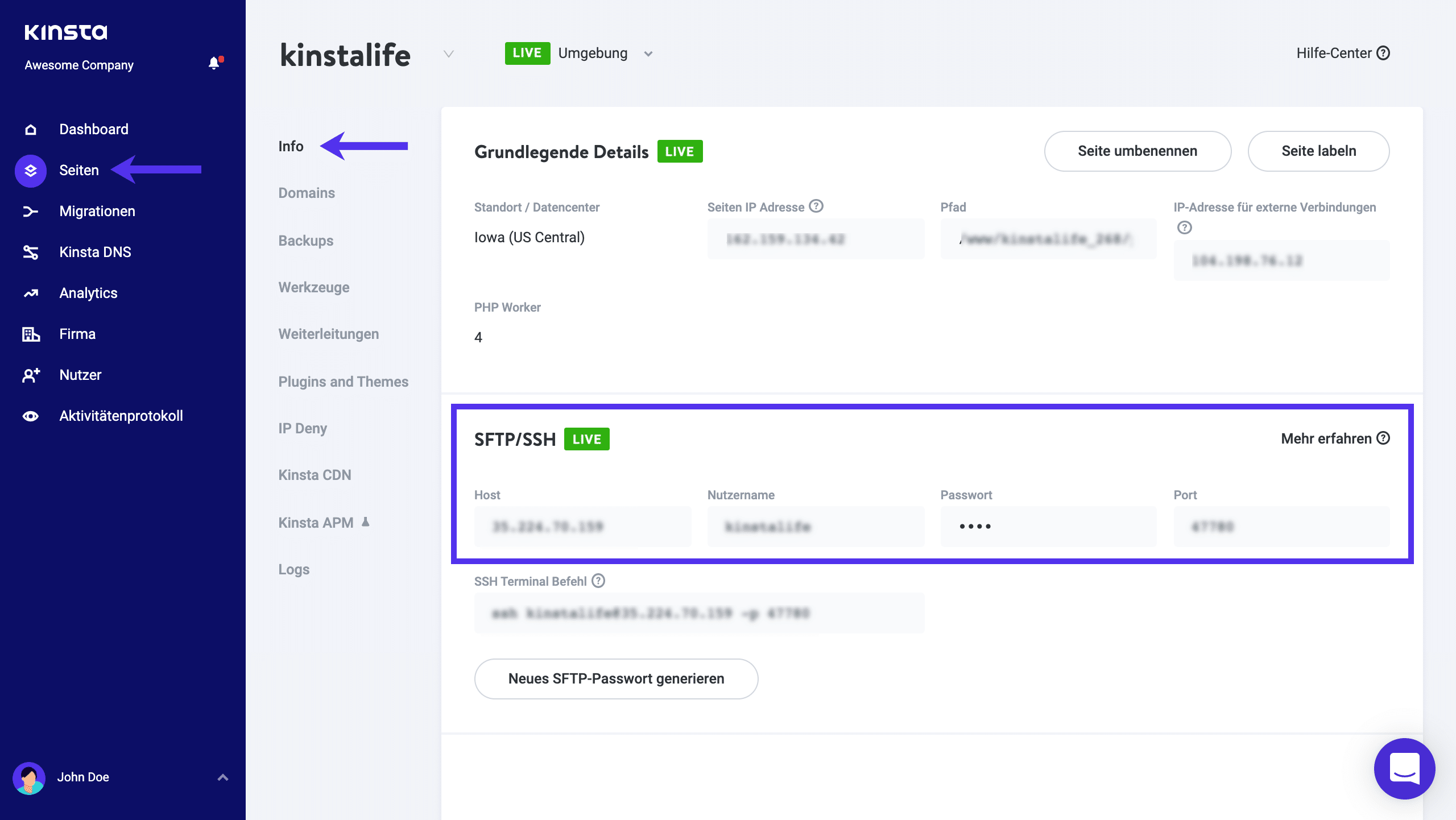 FTP Zugangsdaten in MyKinsta