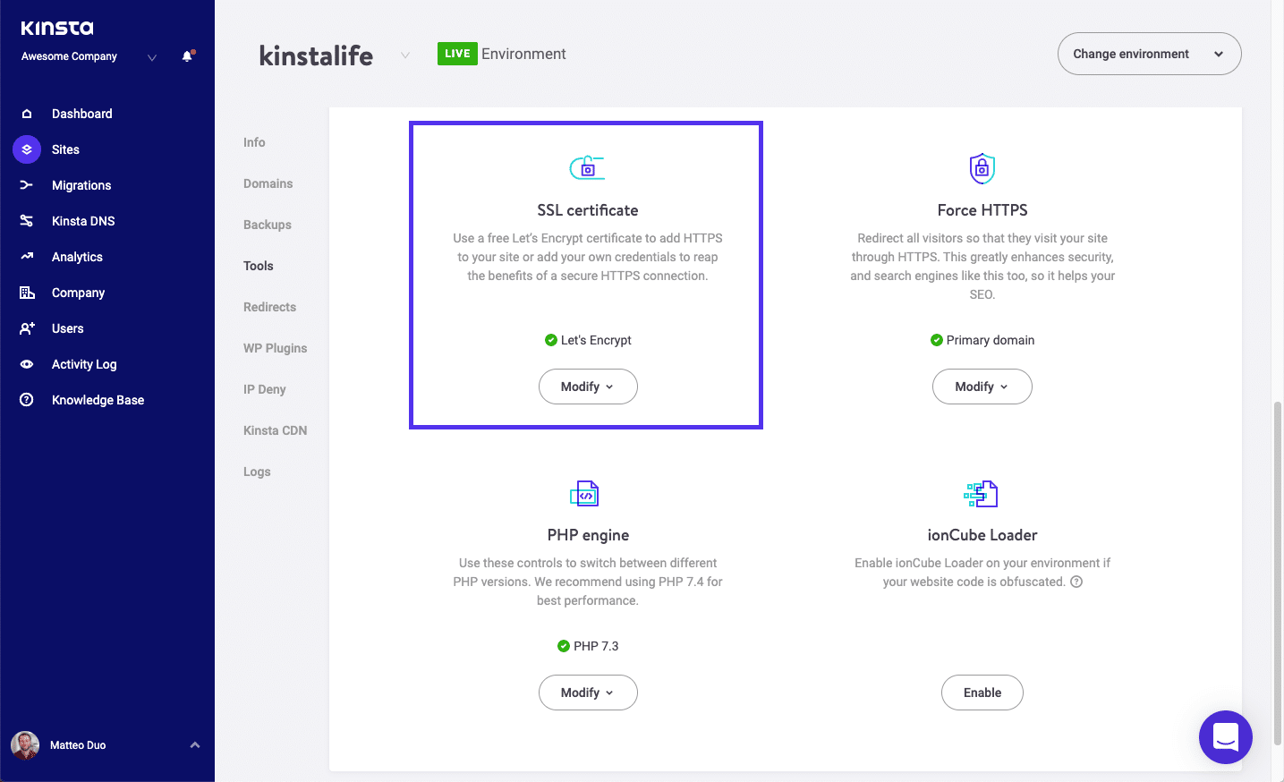 MyKinsta Tool zum Aktivieren des SSL-Zertifikats