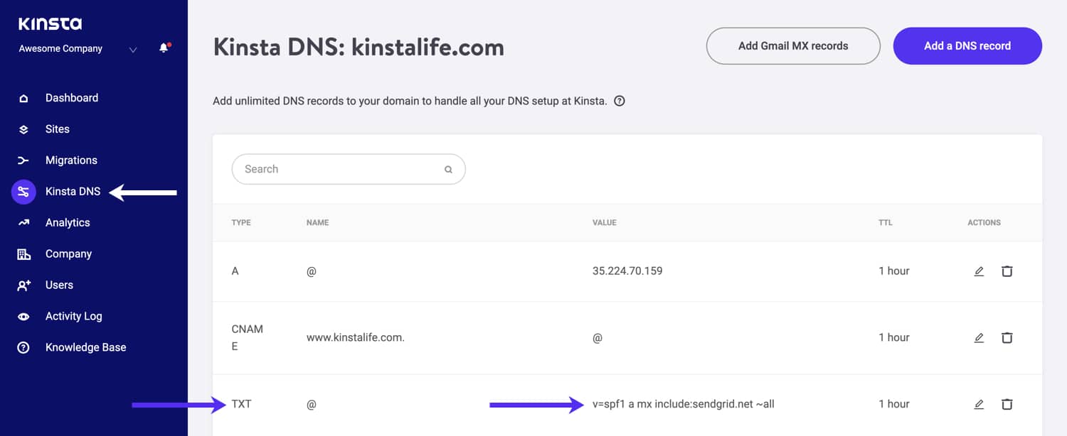 Ein SPF TXT Eintrag in der Kinsta DNS.