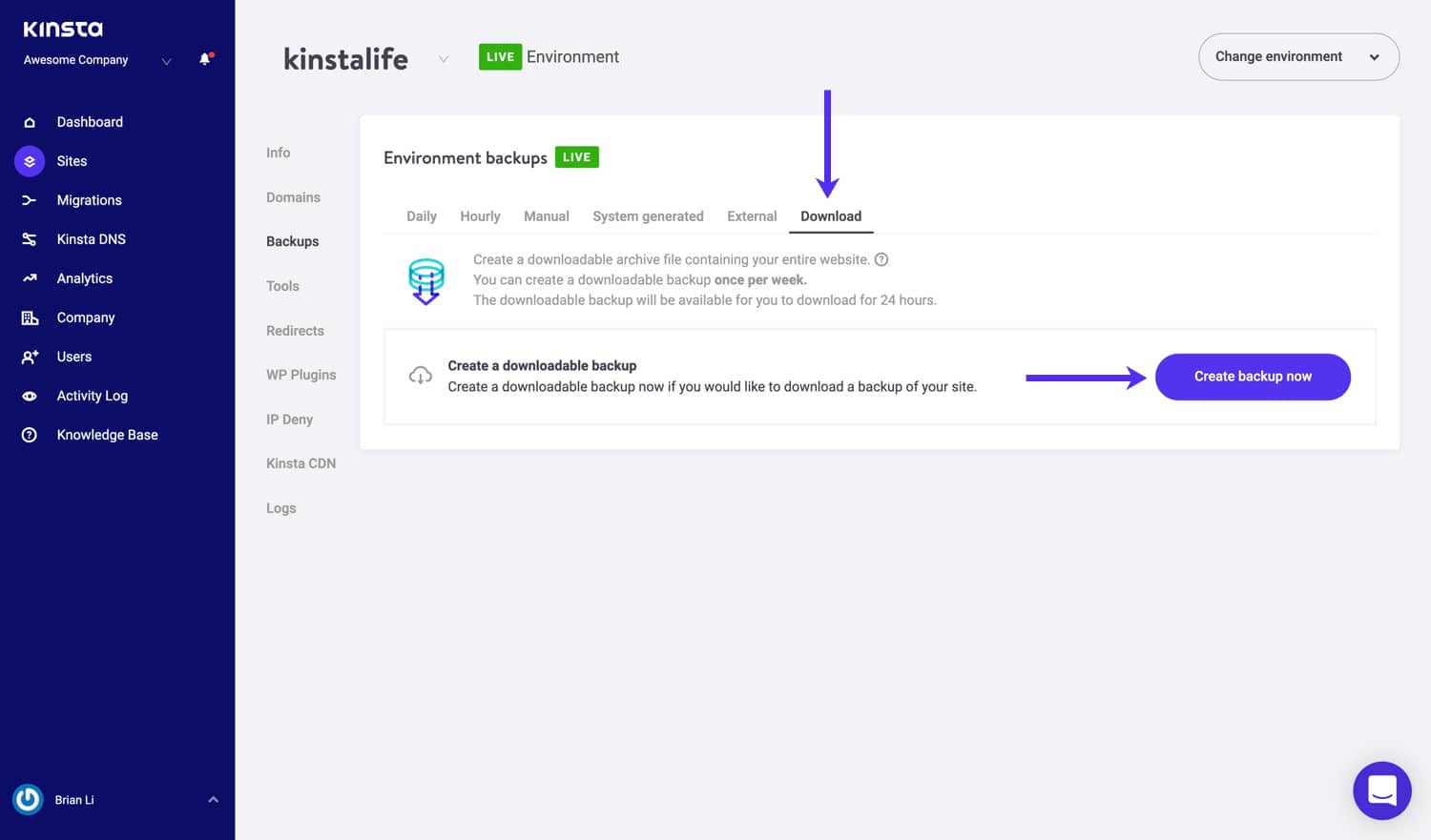 WordPress herunterladbare Backups.