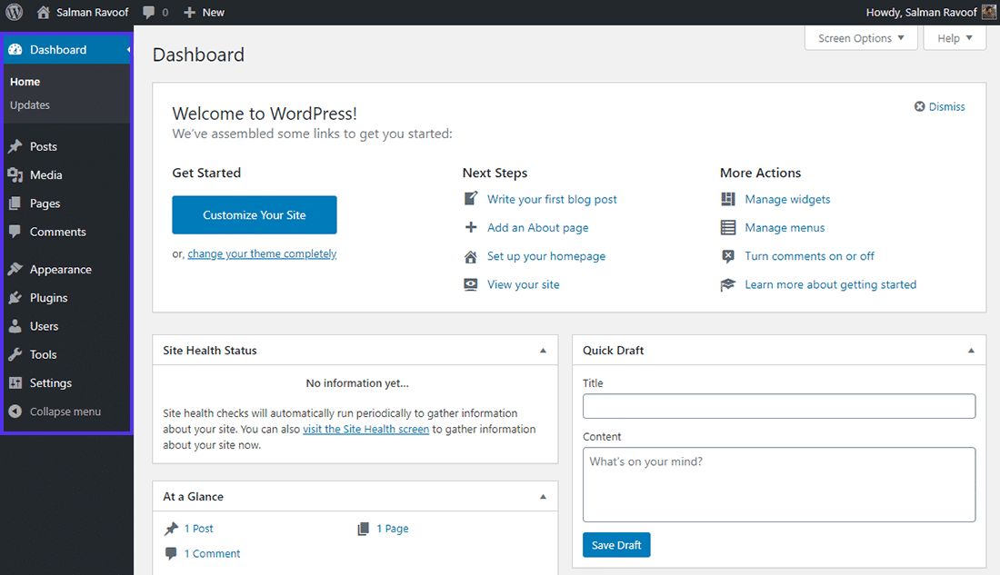 Das 'Administrator'-Rollen-Dashboard in WordPress