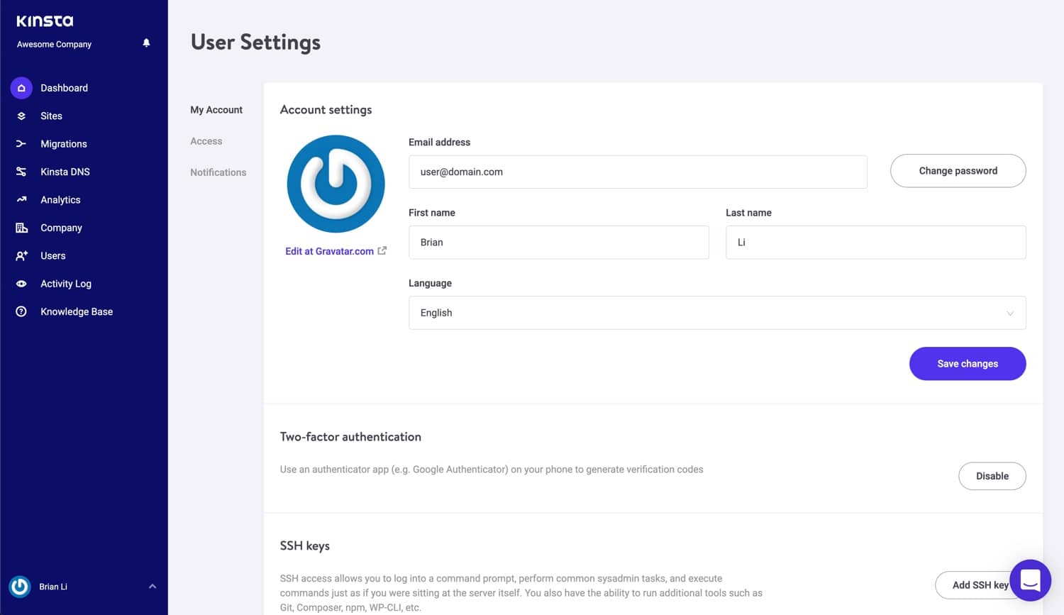 Aktiviere die Zwei-Faktor-Authentifizierung in MyKinsta.