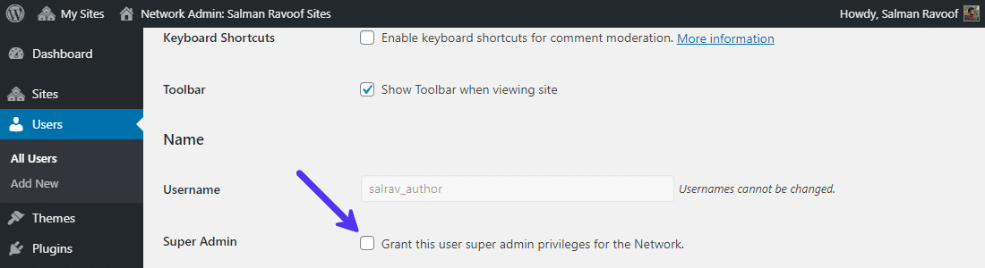 Granting other users the Super Admin privileges for the network