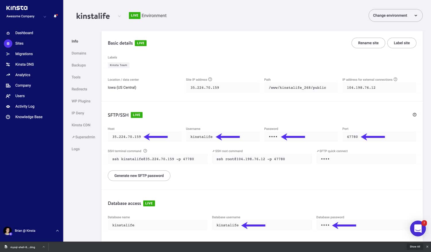 Anmeldedaten zum Einrichten von SSH-Tunneln findest du in MyKinsta.