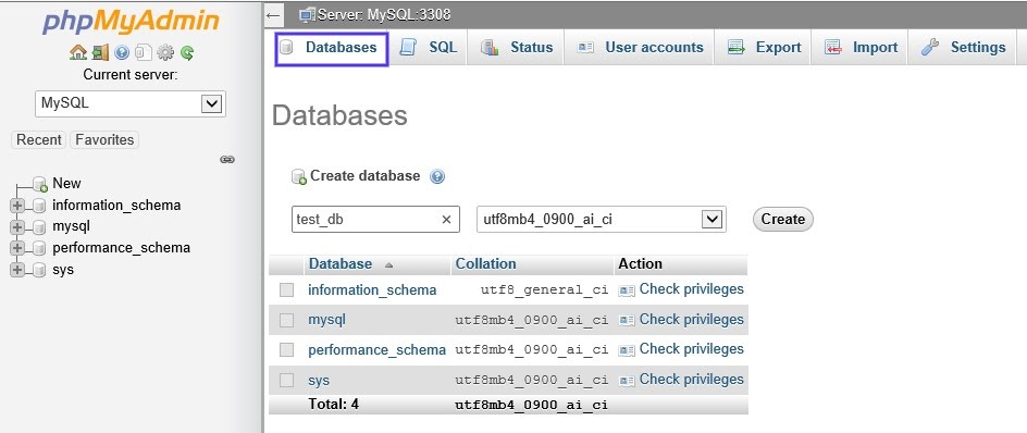 Die Datenbanken-Seite von phpMyAdmin