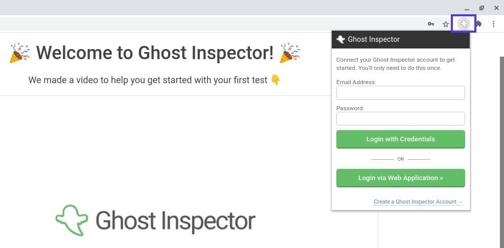 Einloggen in die Ghost Inspector Chrome-Erweiterung