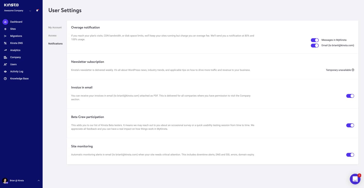 E-Mail-Benachrichtigungen in MyKinsta.